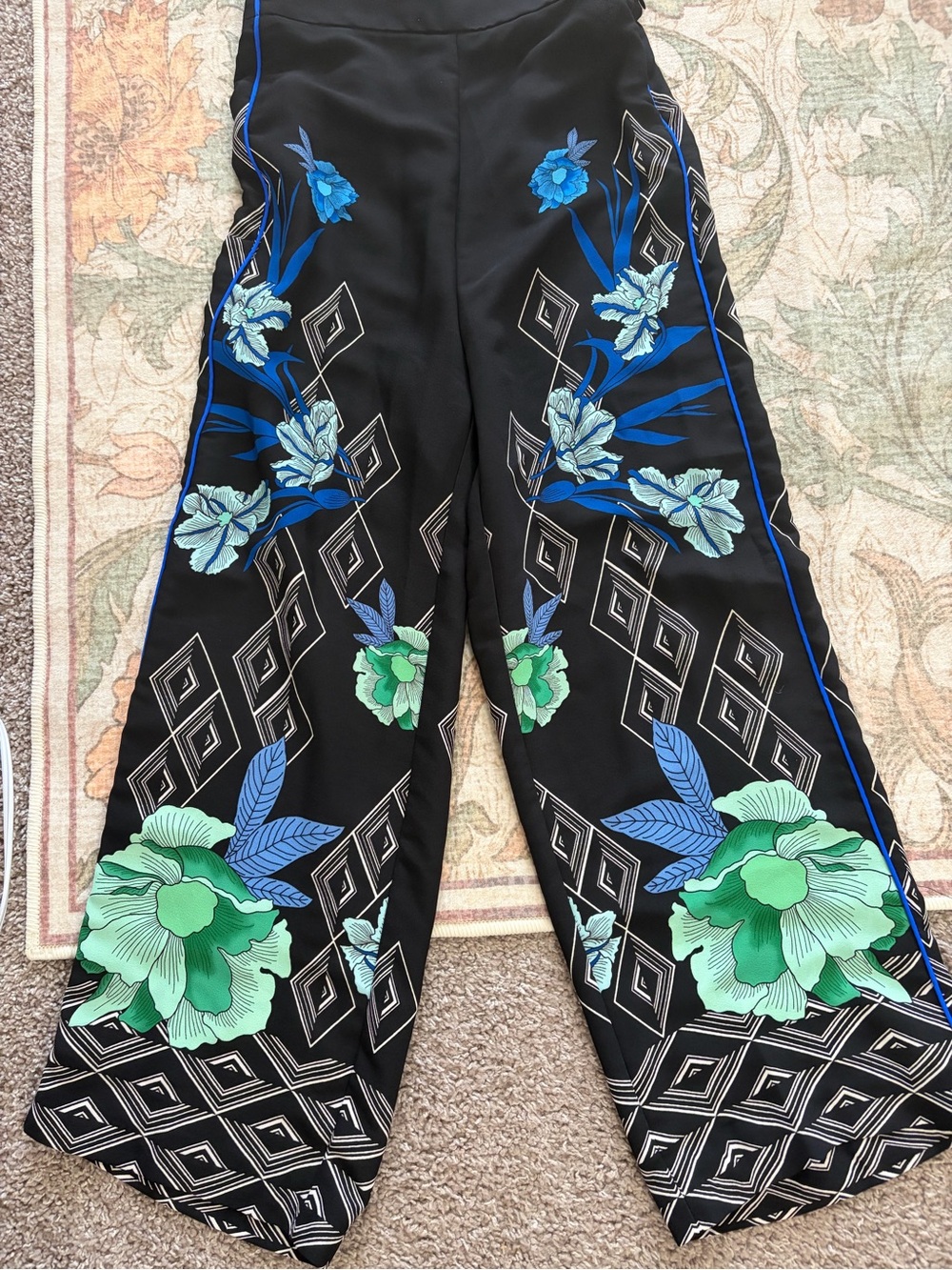 PINKO - “New” Black Wide-Leg Pants with Blue & Green Floral Print